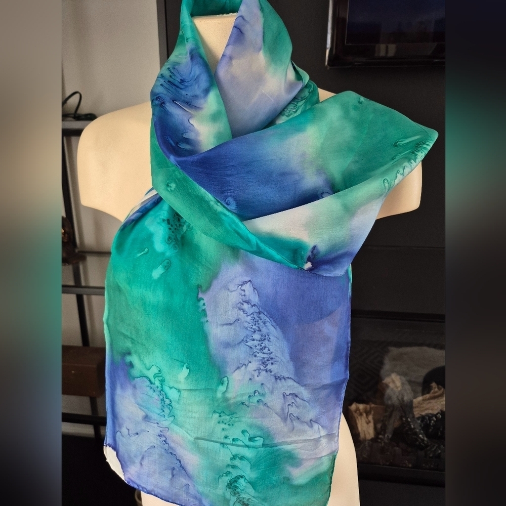 Hand Painted Sidned "Barbara"? Ocen Blue and Green Silk Long  Scarf